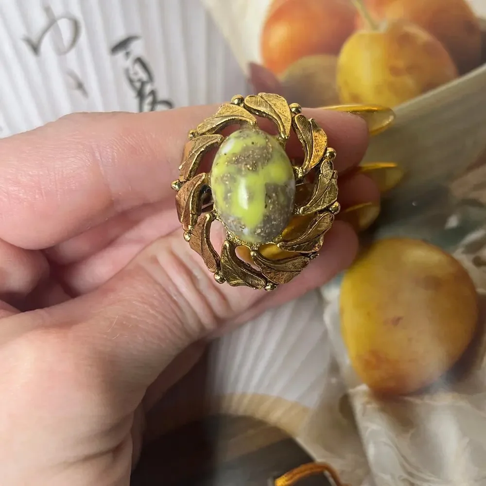 Vintage Gold Tone Ring with Light Green Resin Stone
